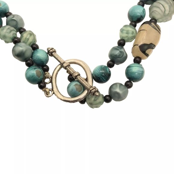 Double Strand Glass Beaded Necklace Blue Green - Picture 4 of 4